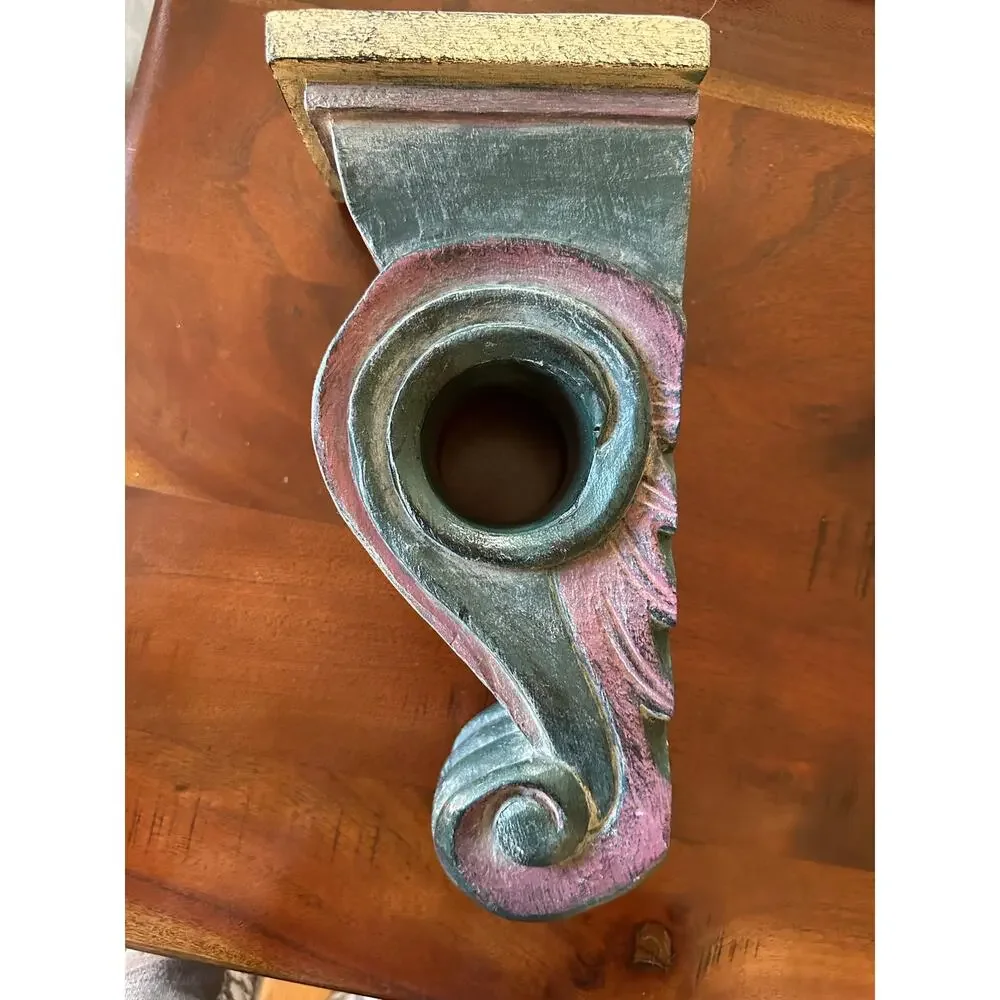 Vintage Wall Sconce Corbel Shelf solid wood Mexico blue burgundy 11x5” drape